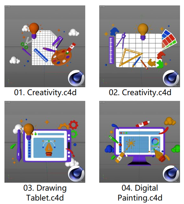 10款创意设计办公图标绘图工具C4D Blender模型